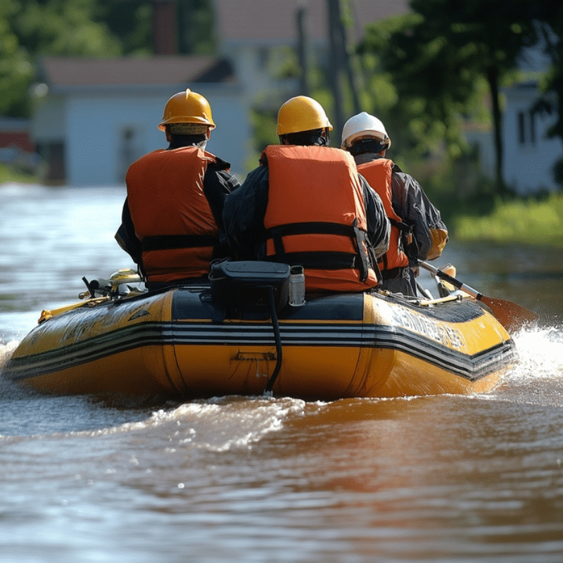 3 people wearing high vis and helmets on a water raft