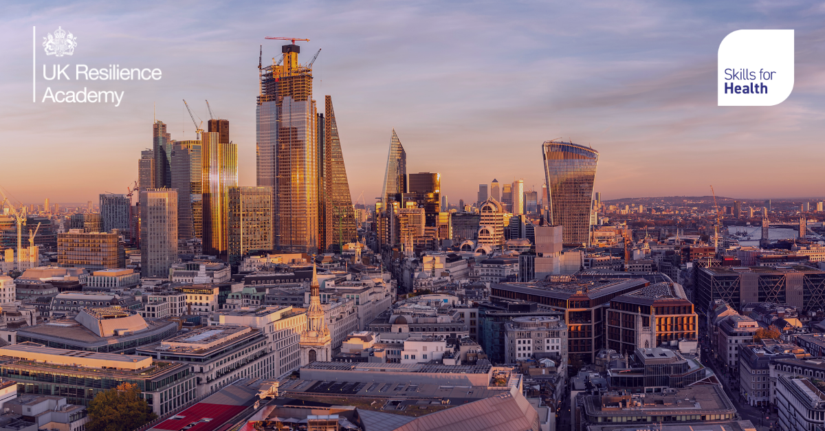 Image of London skyline with Skills for Health and UK Resilience Academy logos