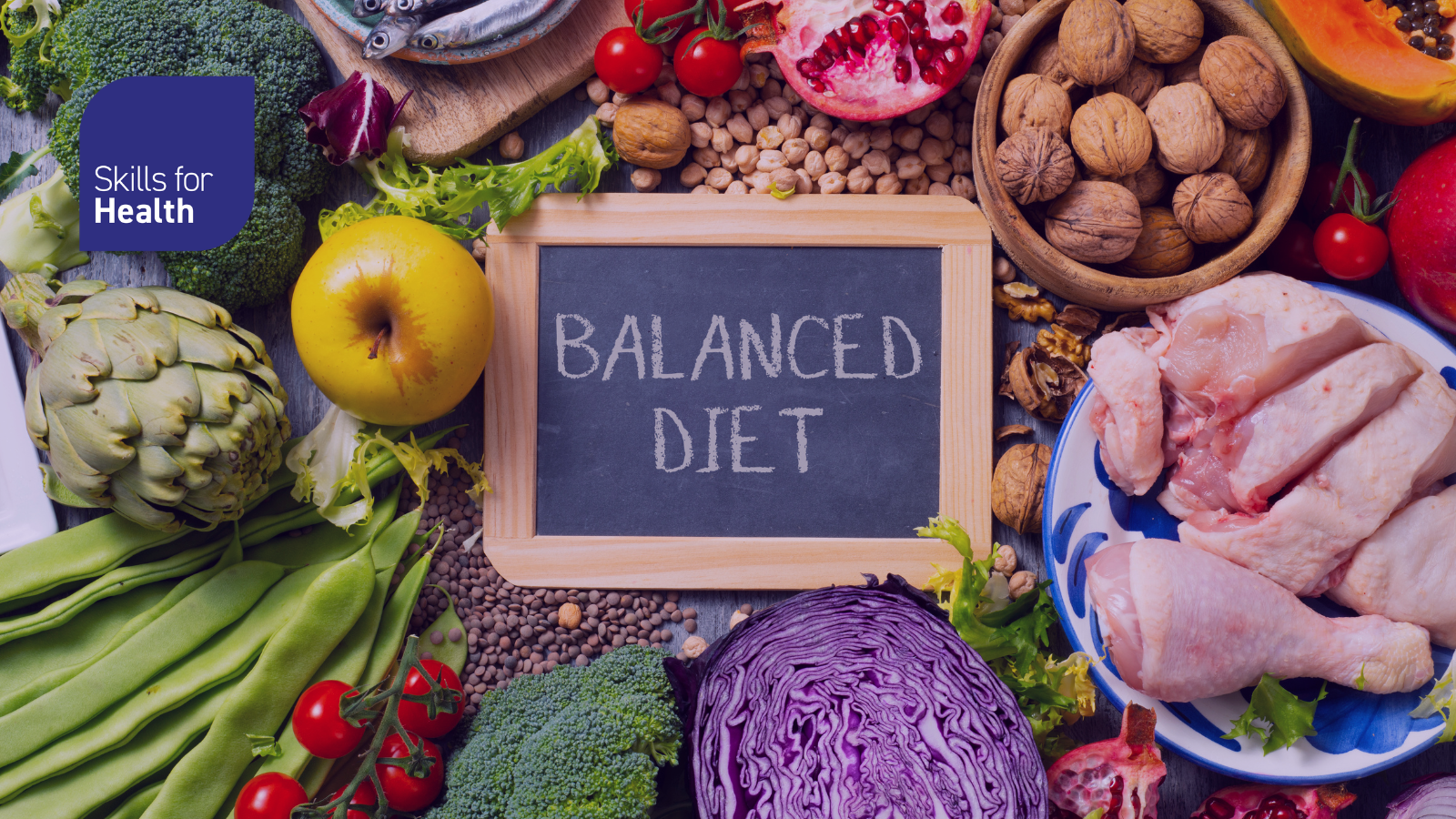 Images of fruit and vegetables with a sign "balanced diet"