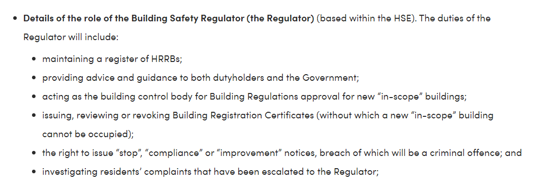 Details of the role of the Building Safety Regulator