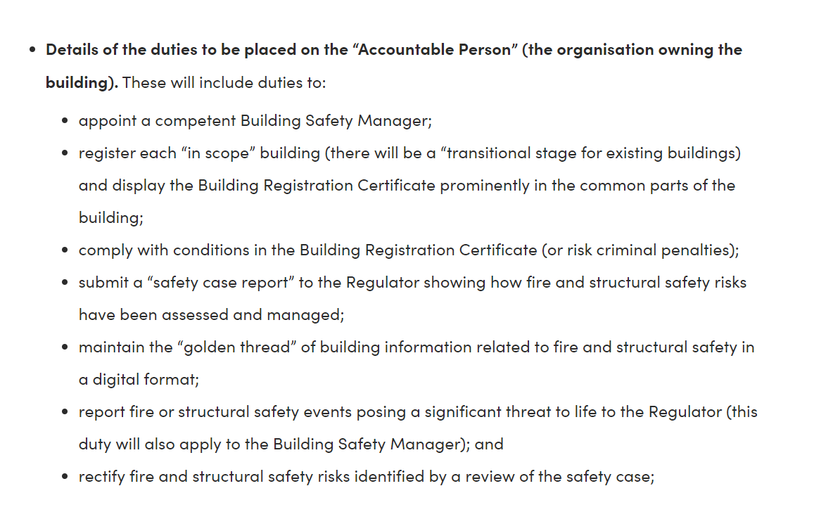 Details of the duties to be placed on the "Accountable Person"