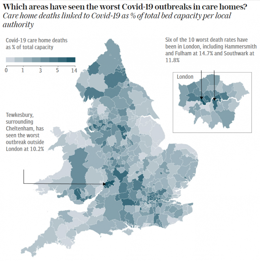 map showing 'Which areas have seen the worst Covid-19 outbreaks in care homes