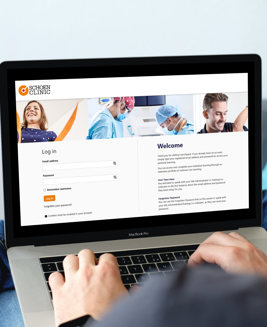 Schoen Clinic laptop screen image showing login page