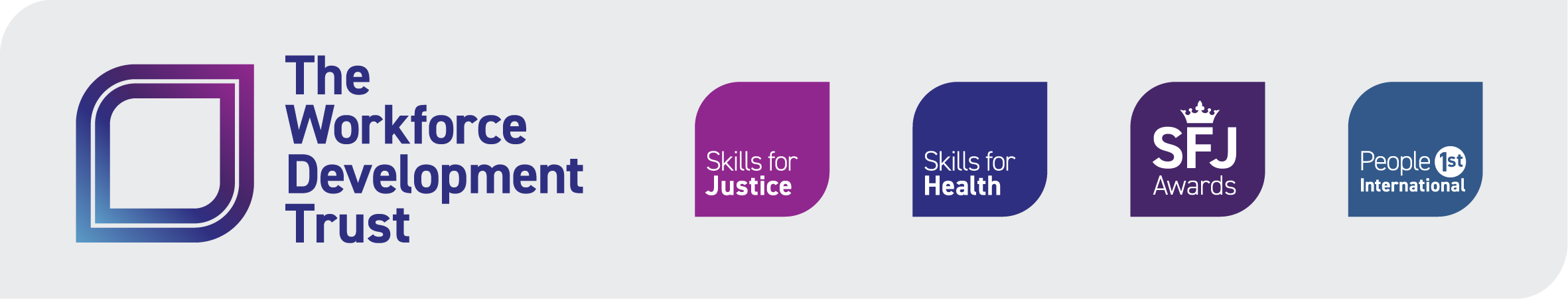 The Workforce Development Trust logo with Skills for Justice, Skills for Health, SFJ Awards and People 1st International logos