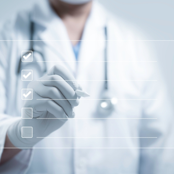 Doctor checking off a glowing checklist, symbolizing quality assurance and precision in healthcare management. Ideal for modern medical processes and innovation