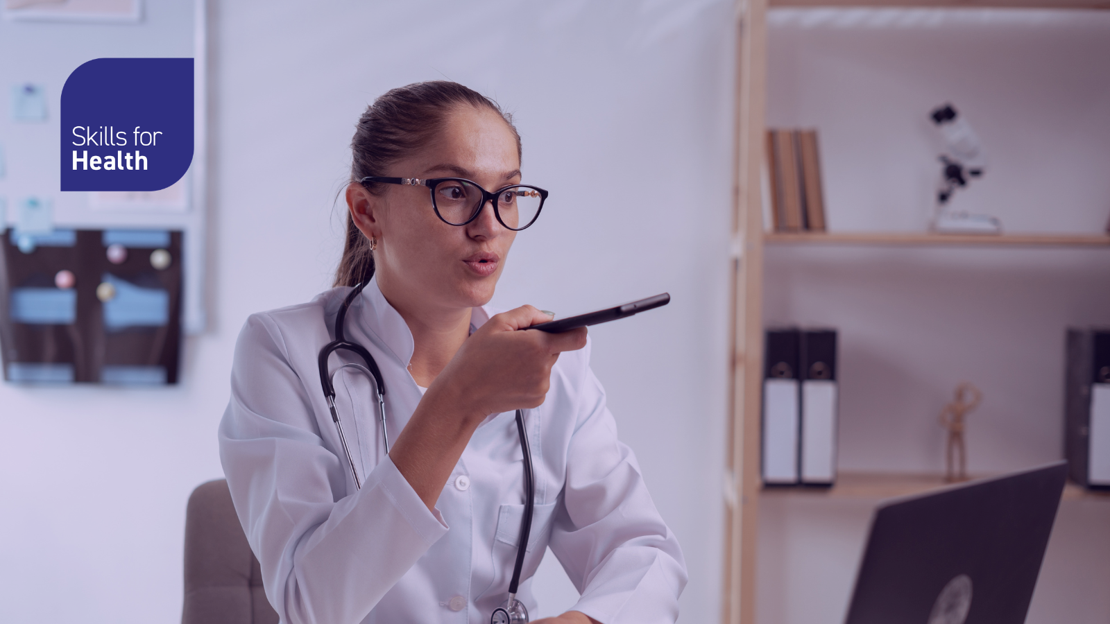 Young female doctor command to ai assistant in medicine to search medical information, voice message calling patient by phone. copy space