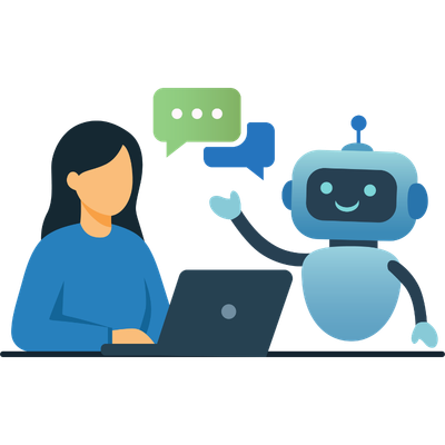 A professional at work sits at a laptop 'chatting' to a friendly blue robot (AI)