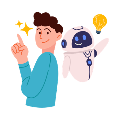 Cartoon person in a blue shirt pointing upward with a glowing idea lightbulb above, alongside a friendly white robot with a smiling face and one raised arm.