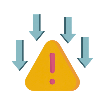 A yellow warning triangle with a purple exclamation mark, surrounded by four blue-gray arrows pointing downward toward the triangle.