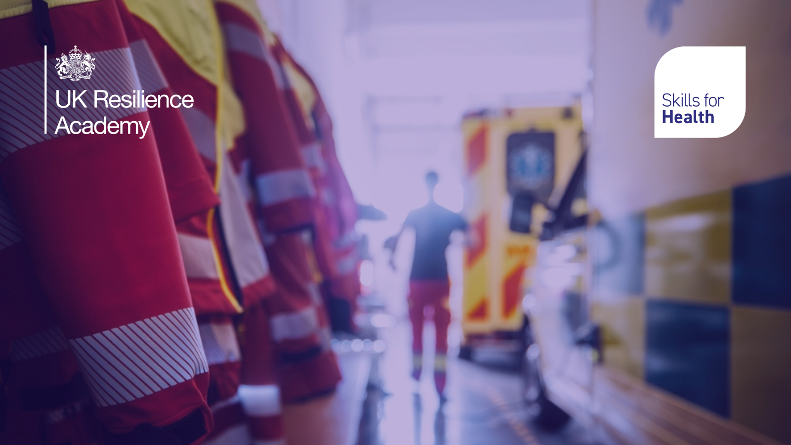 A blurry image of a person walking in a hallway an ambulance is in the background