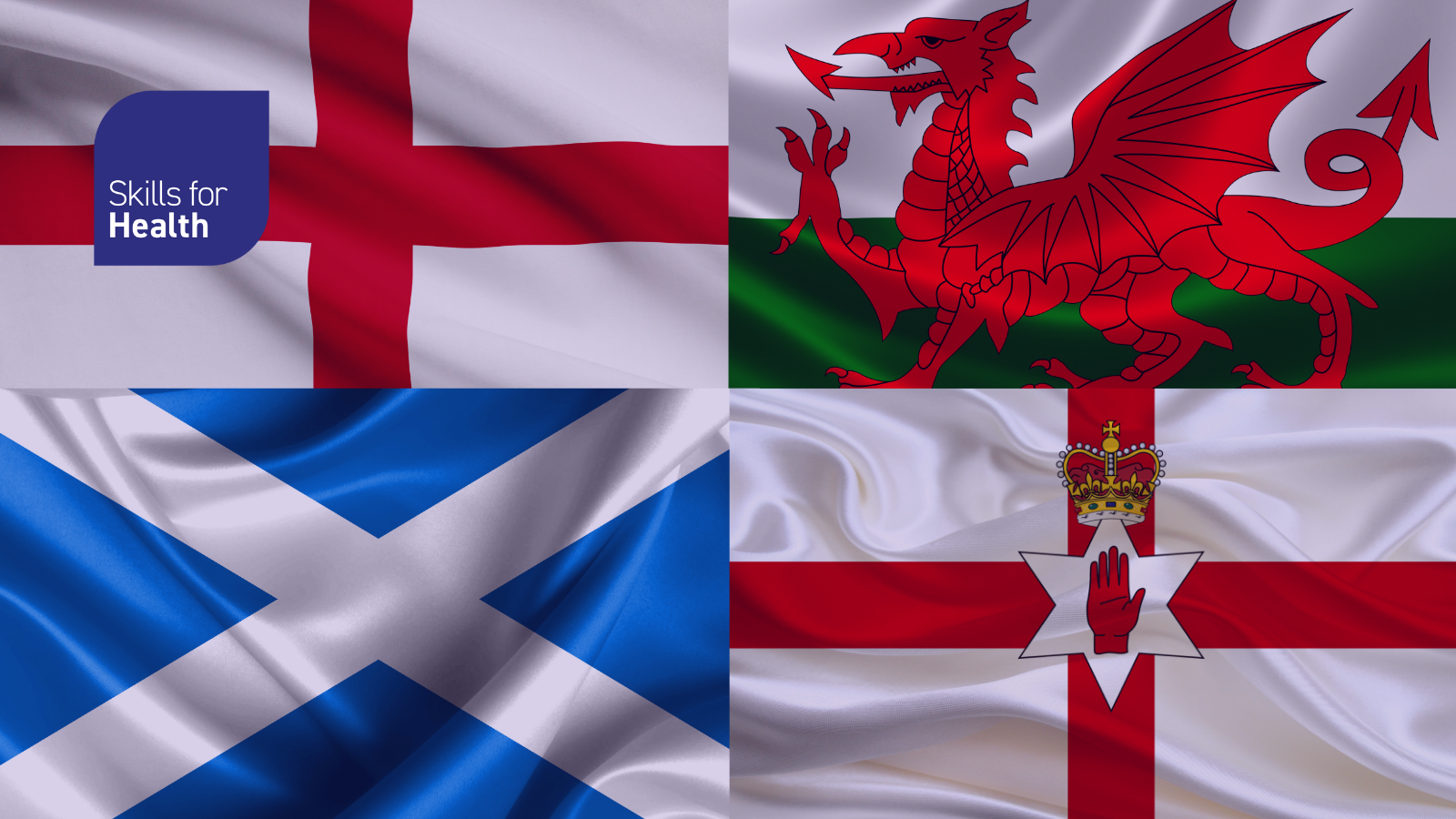 picture of England, Wales, Scotland and Northern Ireland flags with Skills for Health logo