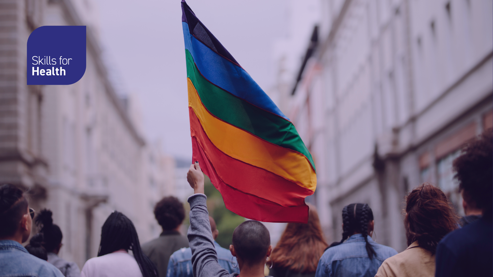 picture of peaceful pride parade, person holding LGBTQ+ flag