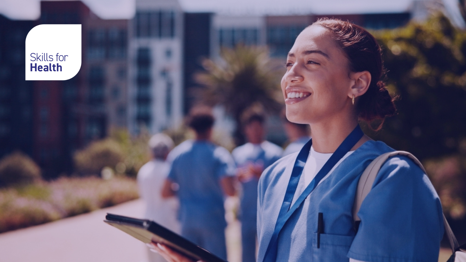 Happy woman, vision and nurse with tablet for internship, med school or healthcare campaign at campus. Female person, medical student or junior with smile on technology for dream, research or study