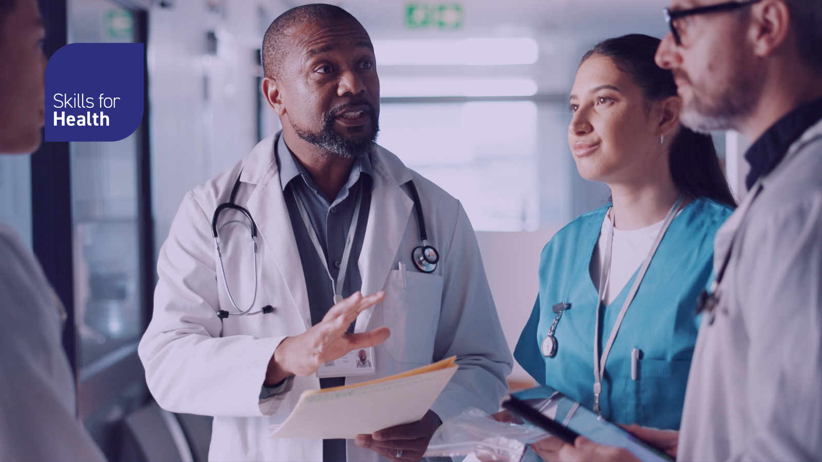 Doctors, nurses and team planning, hospital management and workflow discussion for schedule, advice or services. Healthcare worker, mentor and people with medical documents, clinic files and meeting
