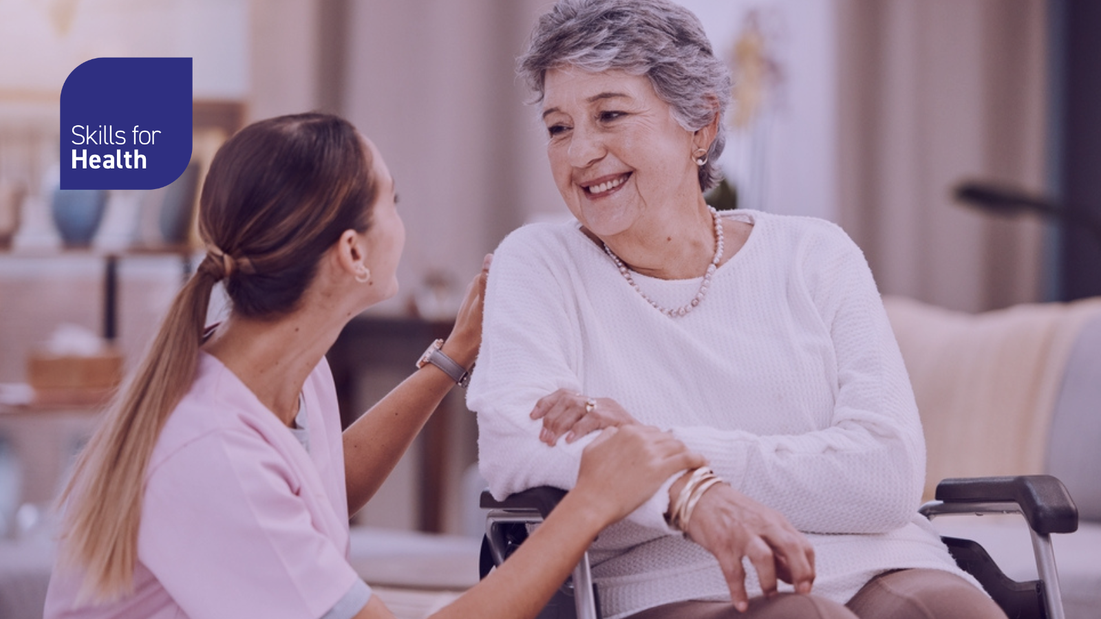 Wheelchair disability, rehabilitation and nurse volunteer at nursing home for charity work. Healthcare, support and caregiver with senior women for medical help, elderly care and consulting patient