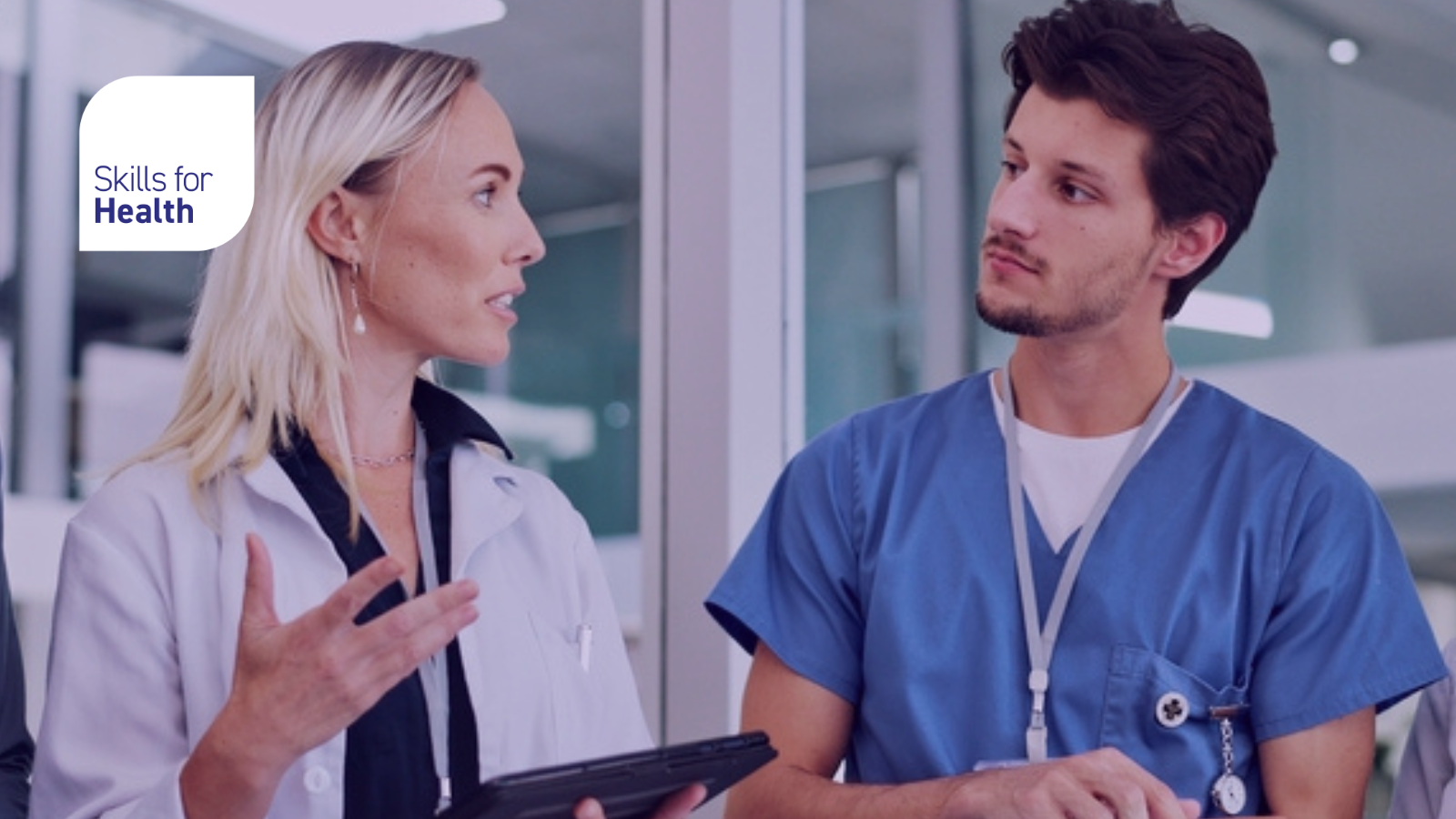 Doctors, group and meeting on tablet for medical planning, advice and support in teamwork or hospital solution. Healthcare staff, people and leader on digital technology and talking of clinic results