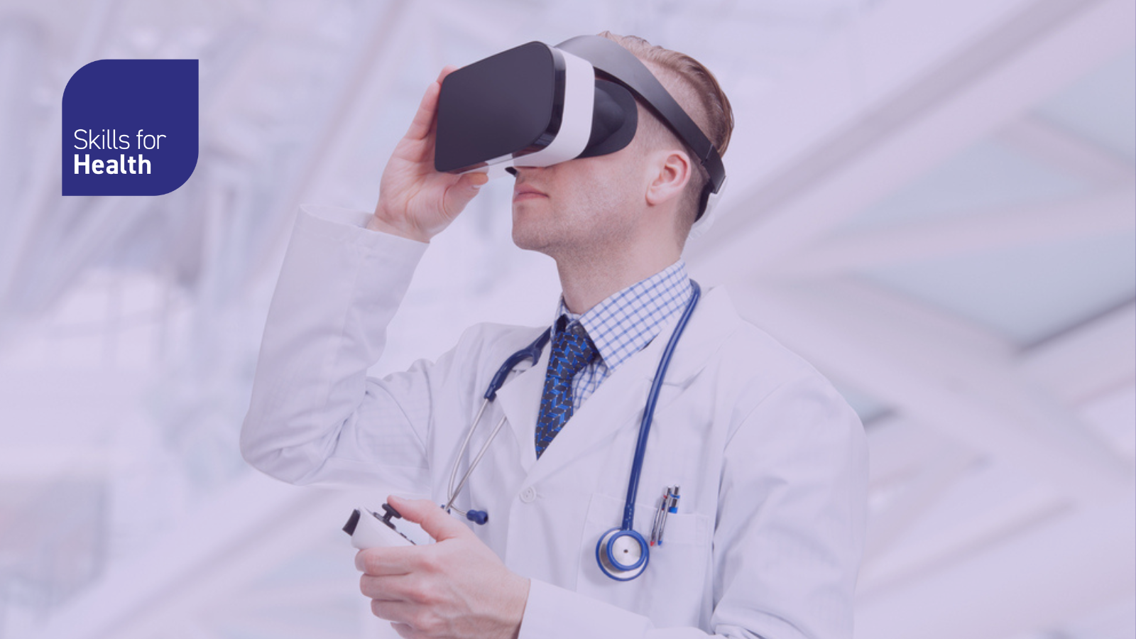 Indoors close up shot of doctor wearing virtual reality glasses