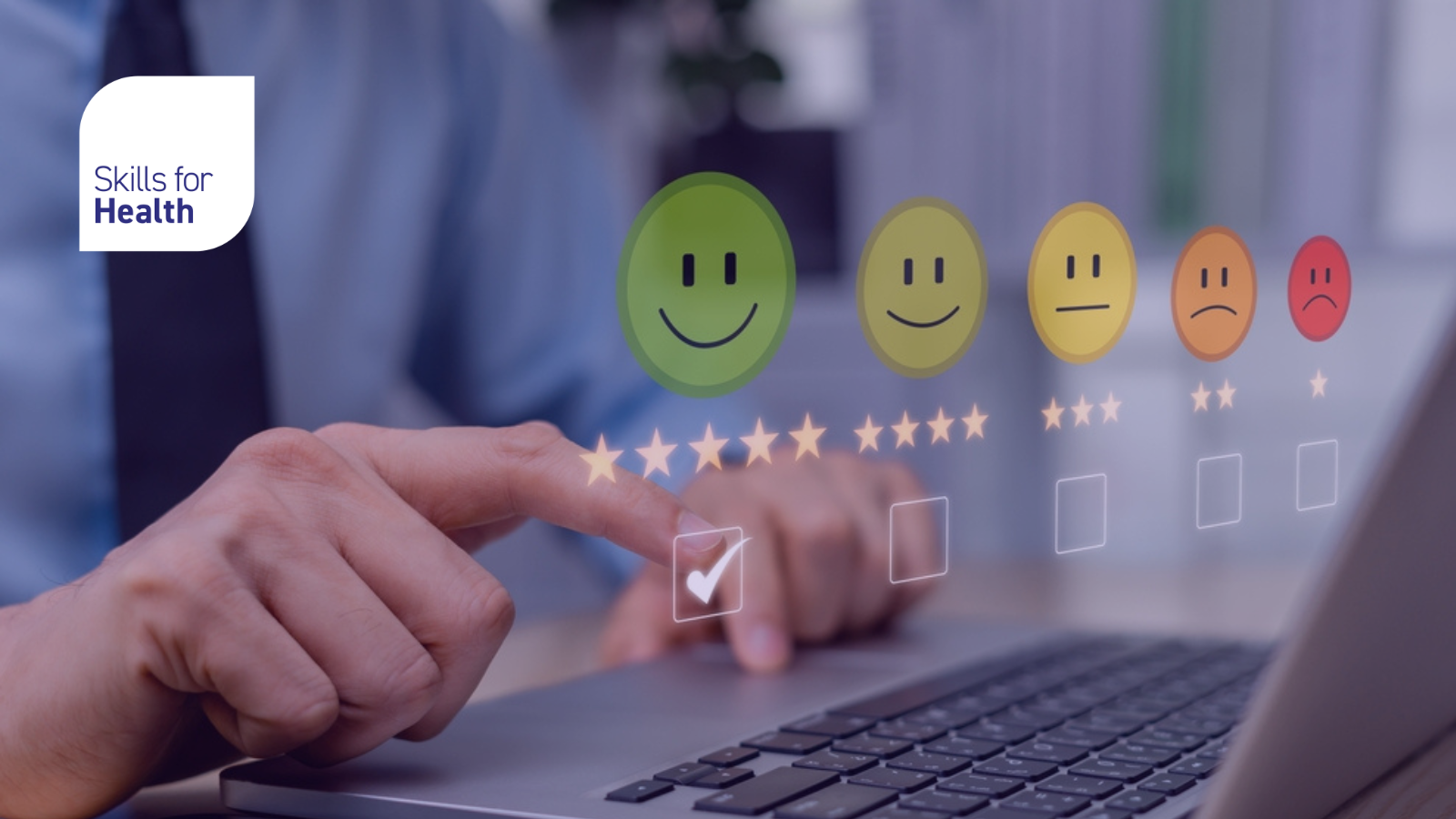 person giving feedback, choosing between different emoticons to show different levels of satisfaction