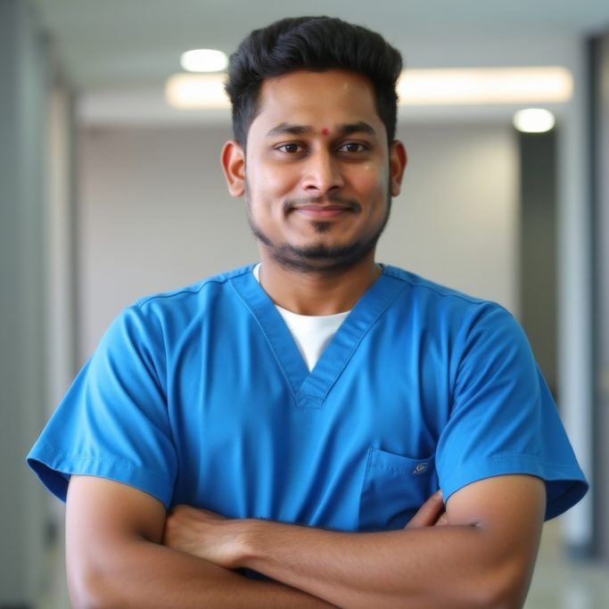 Confident Indian male nurse in blue medical scrubs standing in a hospital corridor.